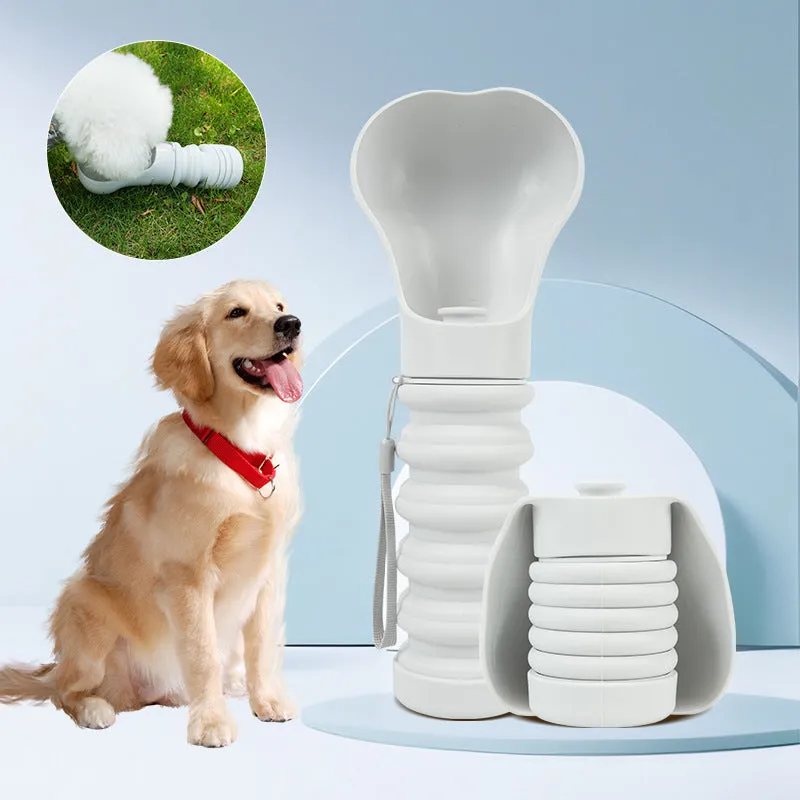 Collapsible silicone pet drinking cup shown folded and unfolded with packaging options