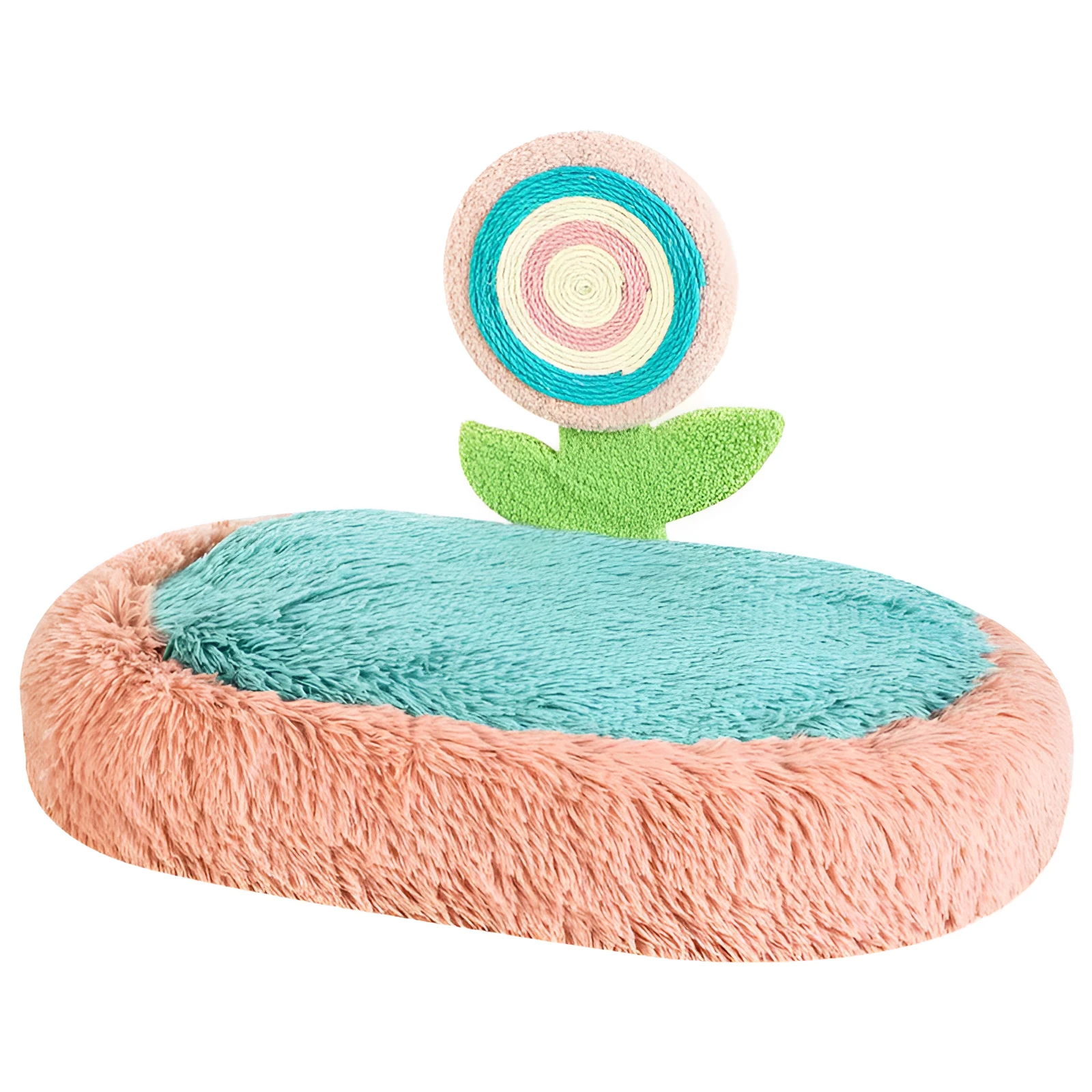 Pink elliptical plush cat nest bed with a soft padded base, shown disassembled.