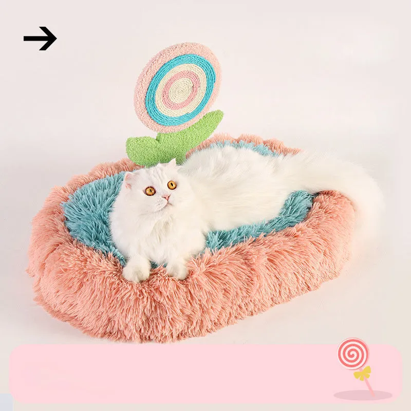 Pink elliptical plush cat nest bed with a soft padded base, shown disassembled.