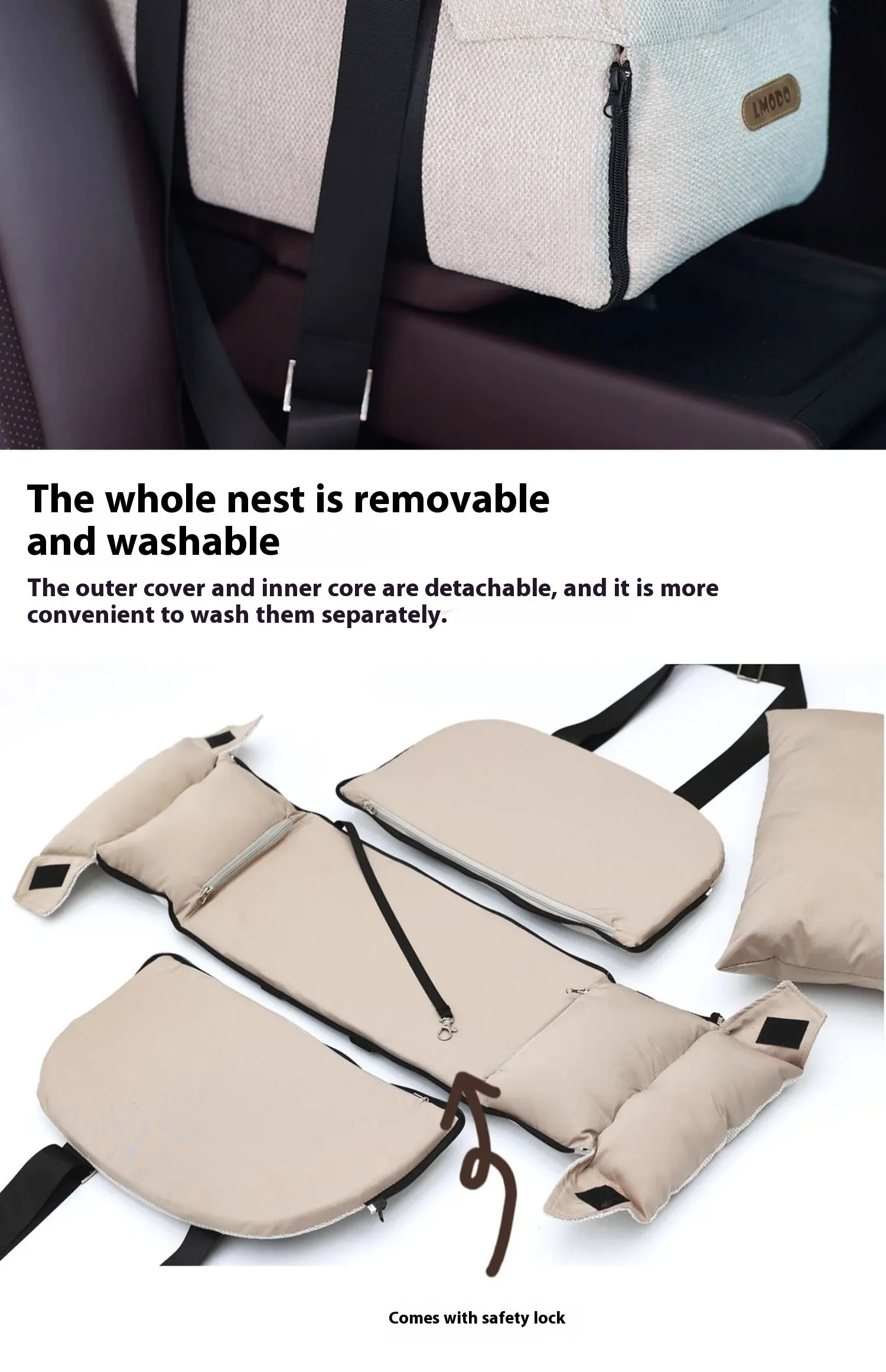 Beige white polyester pet car nest and diaper bag dual-use product for small pets