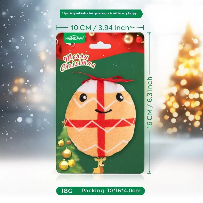 Christmas cat plush toy with catnip in festive designs including Santa Claus, Christmas tree, elk, and smiley egg patterns