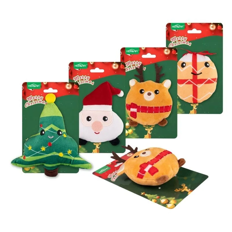 Christmas cat plush toy with catnip in festive designs including Santa Claus, Christmas tree, elk, and smiley egg patterns