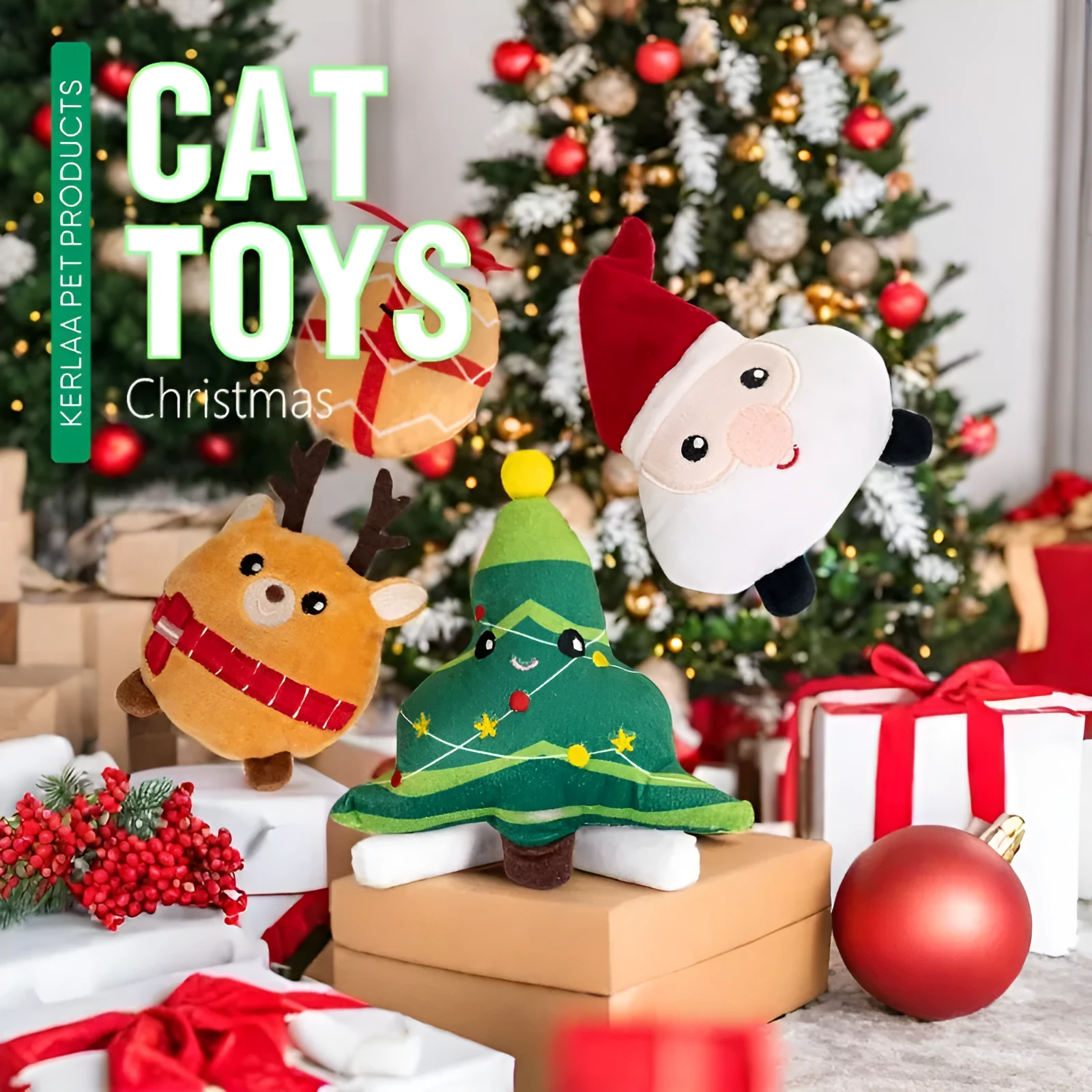Christmas cat plush toy with catnip in festive designs including Santa Claus, Christmas tree, elk, and smiley egg patterns