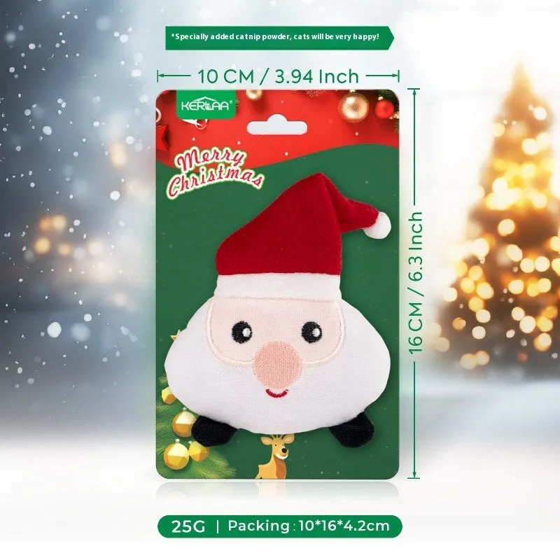 Christmas cat plush toy with catnip in festive designs including Santa Claus, Christmas tree, elk, and smiley egg patterns