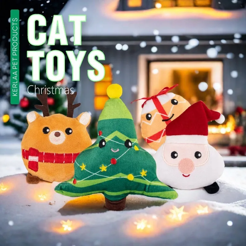 Christmas cat plush toy with catnip in festive designs including Santa Claus, Christmas tree, elk, and smiley egg patterns