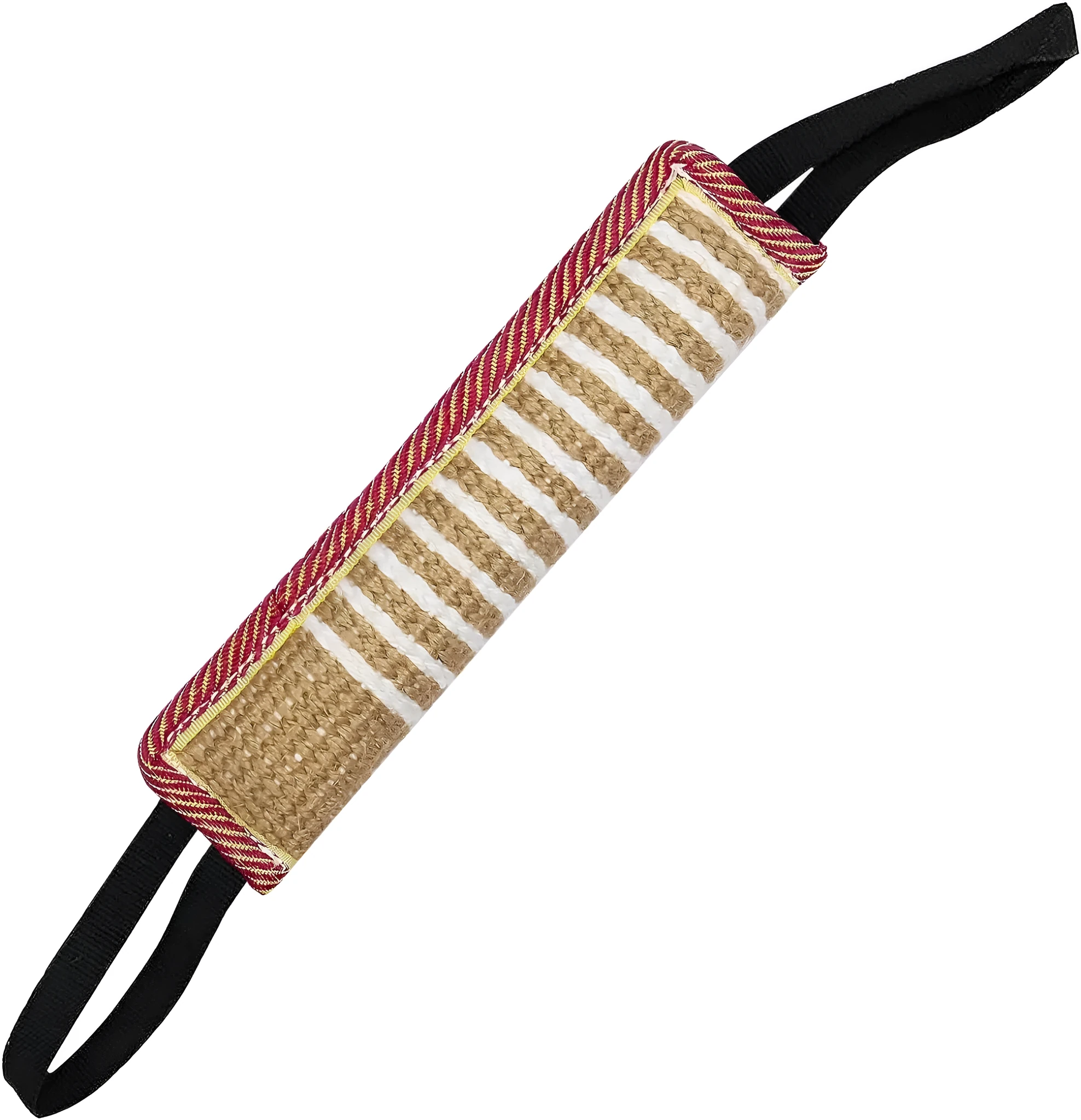Beige and pink jute dog tug toy bite pillow with two fabric handles on a plain background.