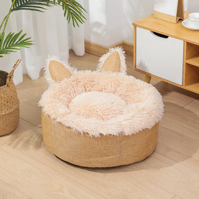 Soft faux fur plush cat bed in grey with fluffy interior – available in multiple sizes and colours for indoor use