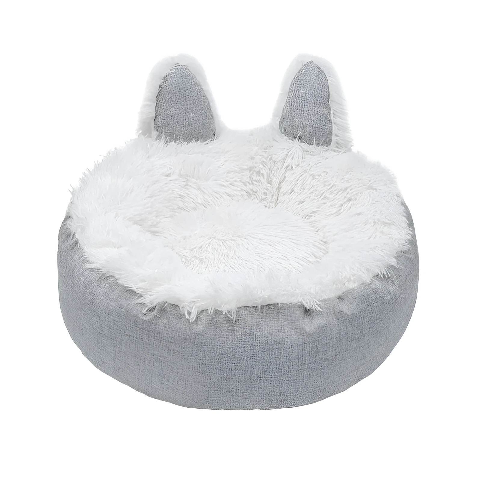 Soft faux fur plush cat bed in grey with fluffy interior – available in multiple sizes and colours for indoor use