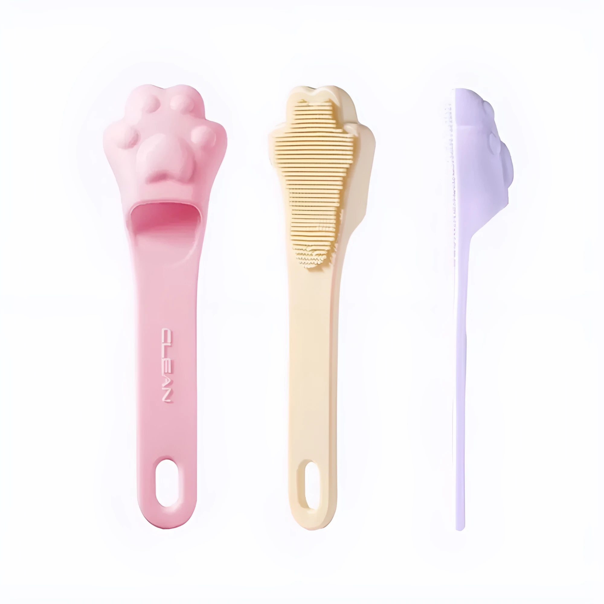 Silicone finger cover toothbrush for dogs and cats in pink, purple, yellow, and white.