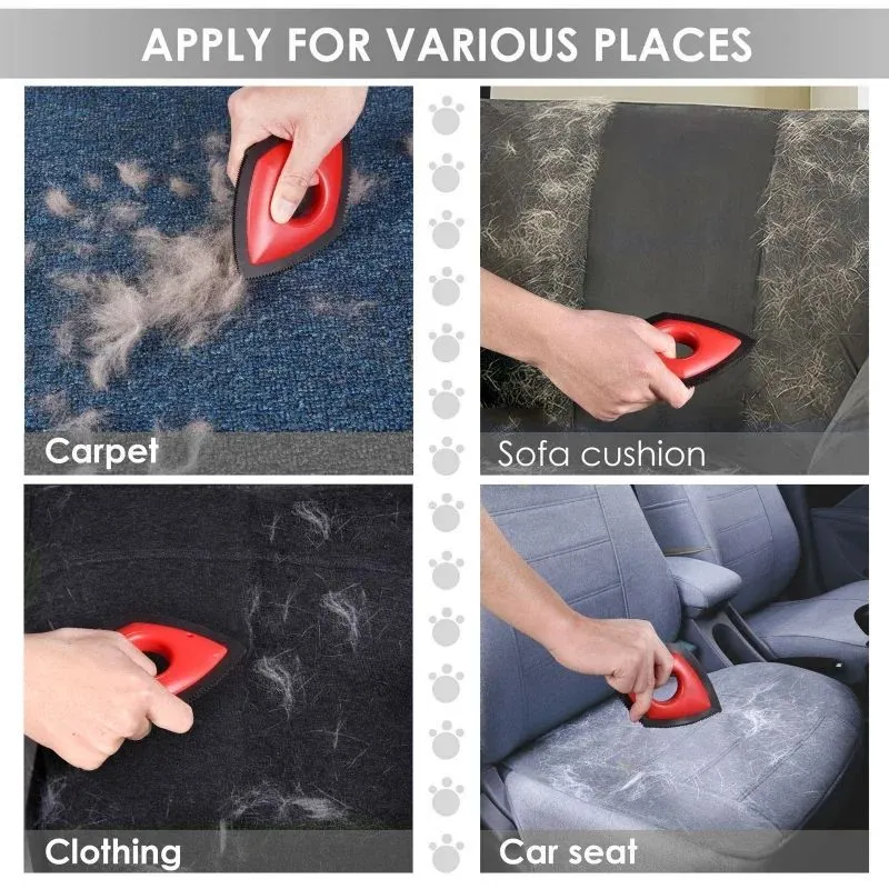 Silicone pet hair remover brush with scraper head and non-slip handle for cleaning fur from carpets and sofas