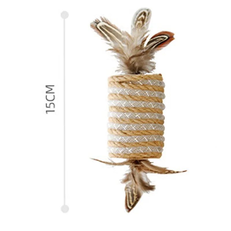 Beige cat toy with real feathers attached to hemp rope scratching surface and integrated claw roller