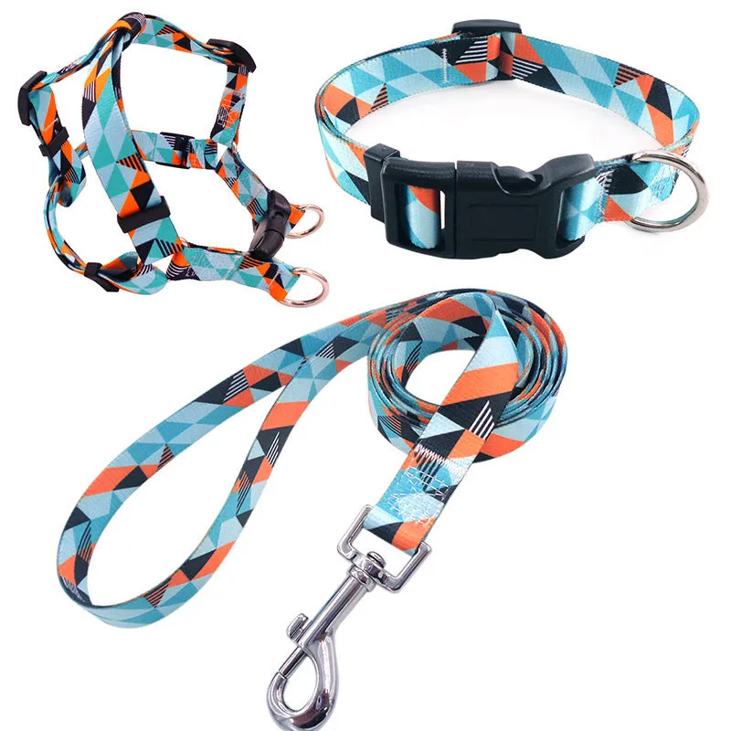 Colourful printed dog collar and leash set with chest strap in geometric and floral patterns