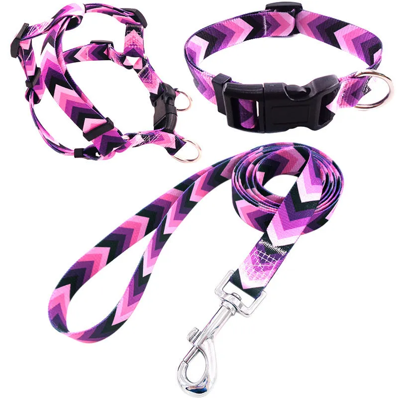 Colourful printed dog collar and leash set with chest strap in geometric and floral patterns