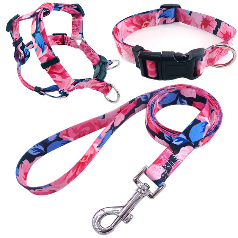 Colourful printed dog collar and leash set with chest strap in geometric and floral patterns