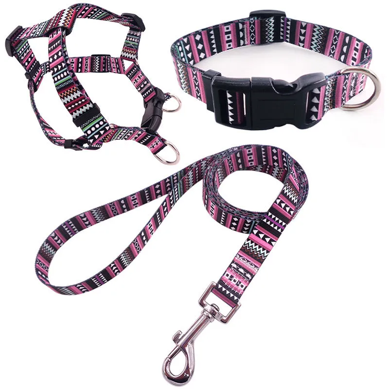 Colourful printed dog collar and leash set with chest strap in geometric and floral patterns