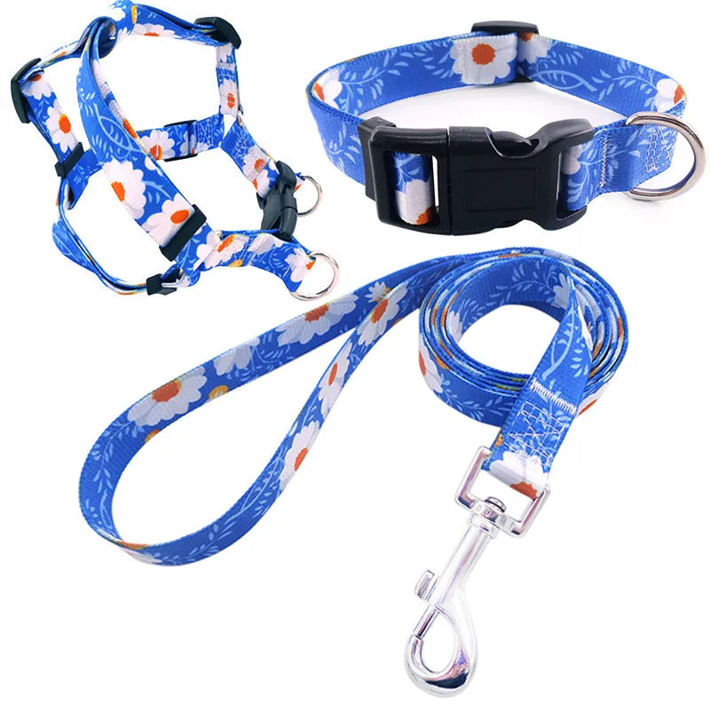 Colourful printed dog collar and leash set with chest strap in geometric and floral patterns