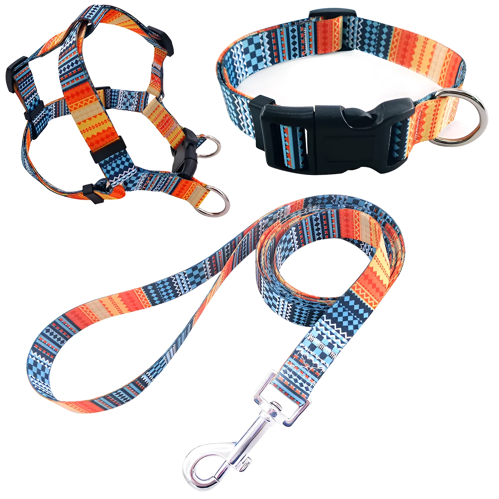 Colourful printed dog collar and leash set with chest strap in geometric and floral patterns