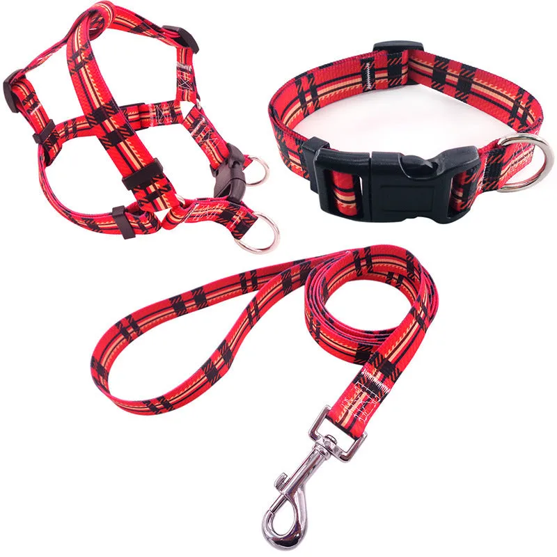 Colourful printed dog collar and leash set with chest strap in geometric and floral patterns