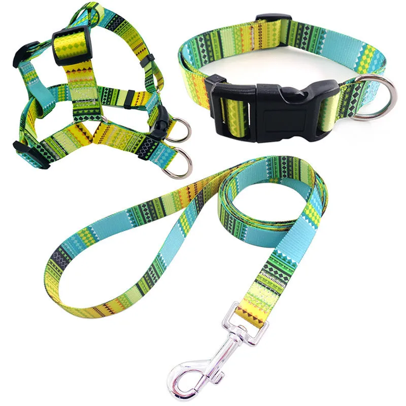 Colourful printed dog collar and leash set with chest strap in geometric and floral patterns