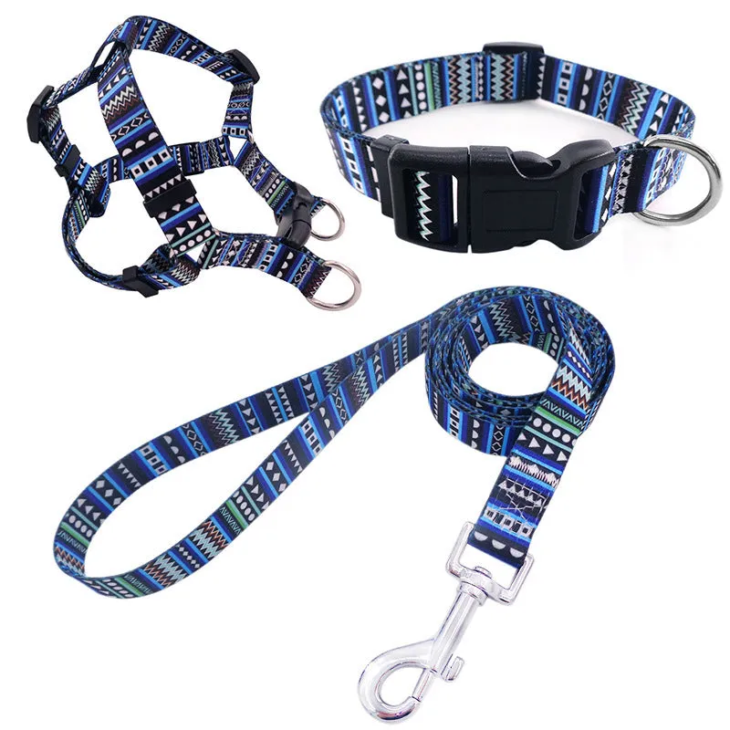 Colourful printed dog collar and leash set with chest strap in geometric and floral patterns