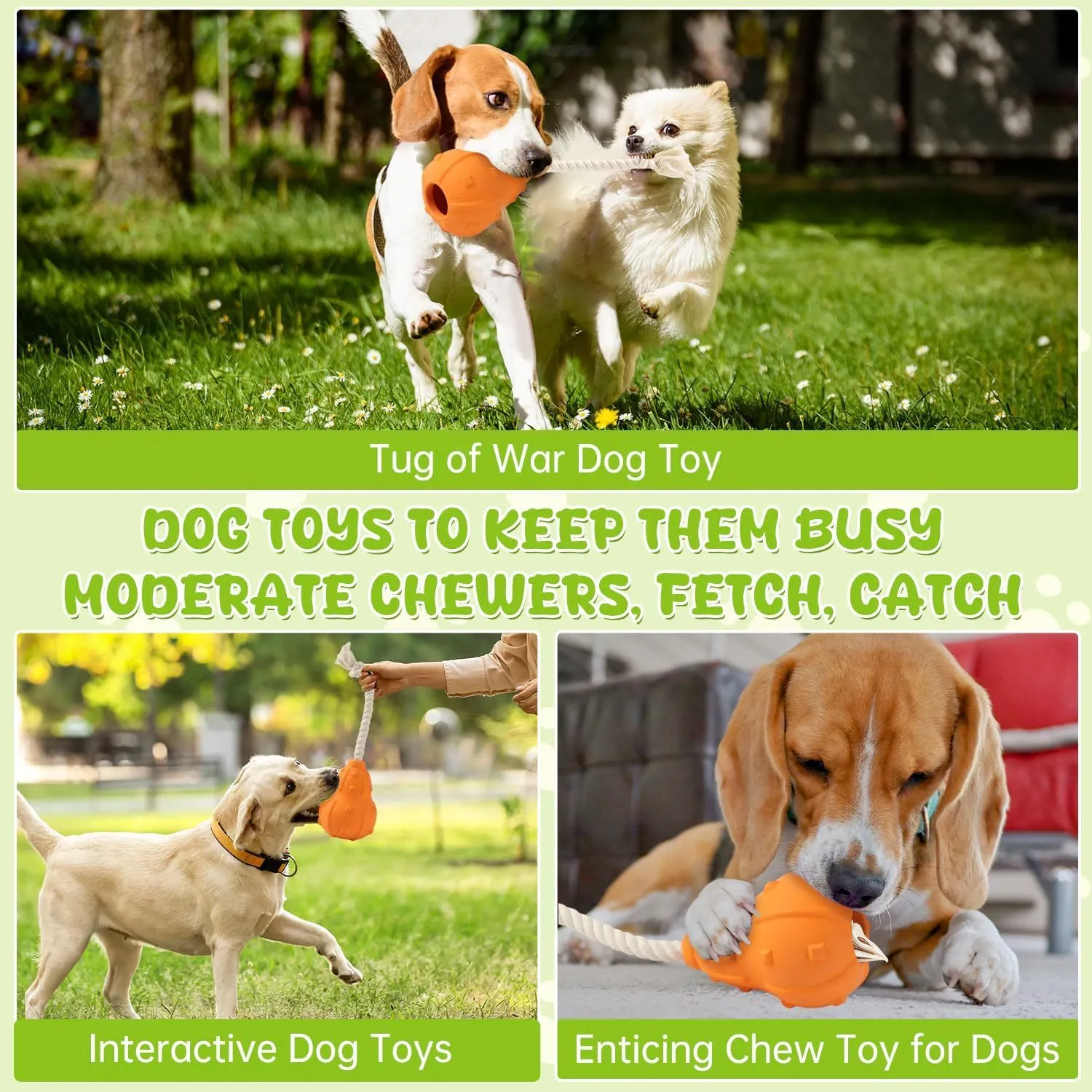 Natural rubber stuffable dog chew toy with a long strap for fetching and treat dispensing.