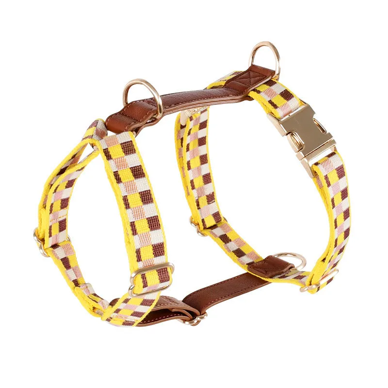 I-shaped dog chest harness with adjustable collar and 150cm hand-holding rope in leather rib fibre