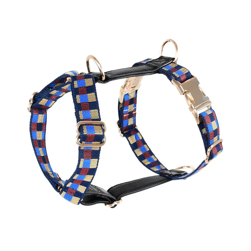 I-shaped dog chest harness with adjustable collar and 150cm hand-holding rope in leather rib fibre