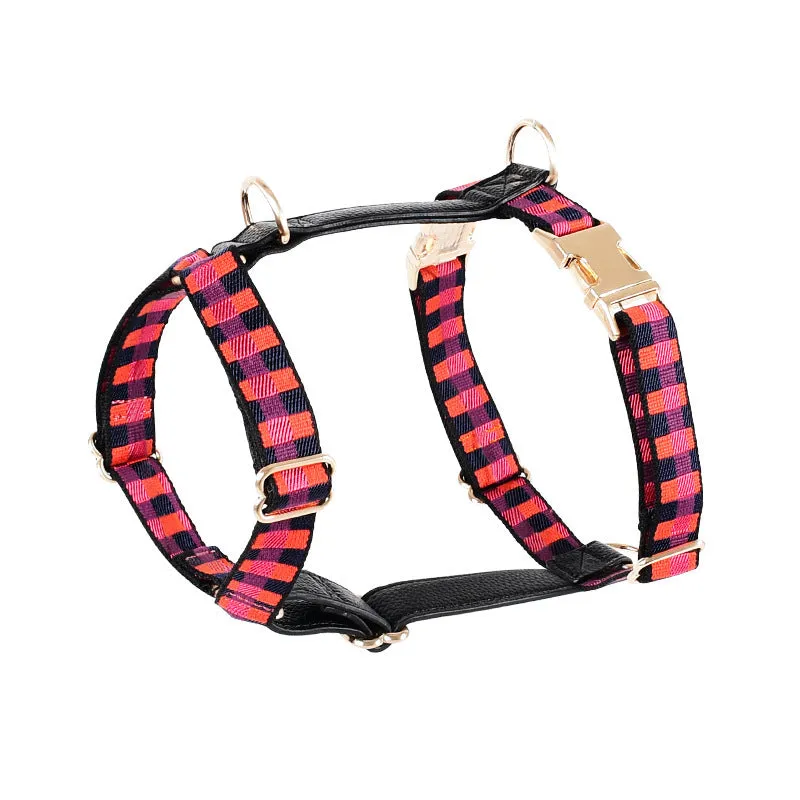 I-shaped dog chest harness with adjustable collar and 150cm hand-holding rope in leather rib fibre