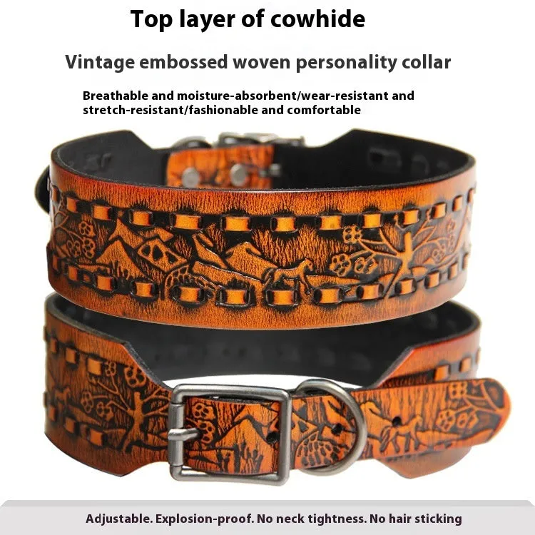 Leather dog collar with decorative personality rivets in dark red colour for large breed dogs