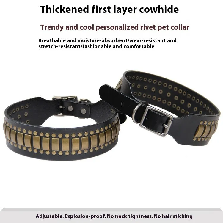 Leather dog collar with decorative personality rivets in dark red colour for large breed dogs