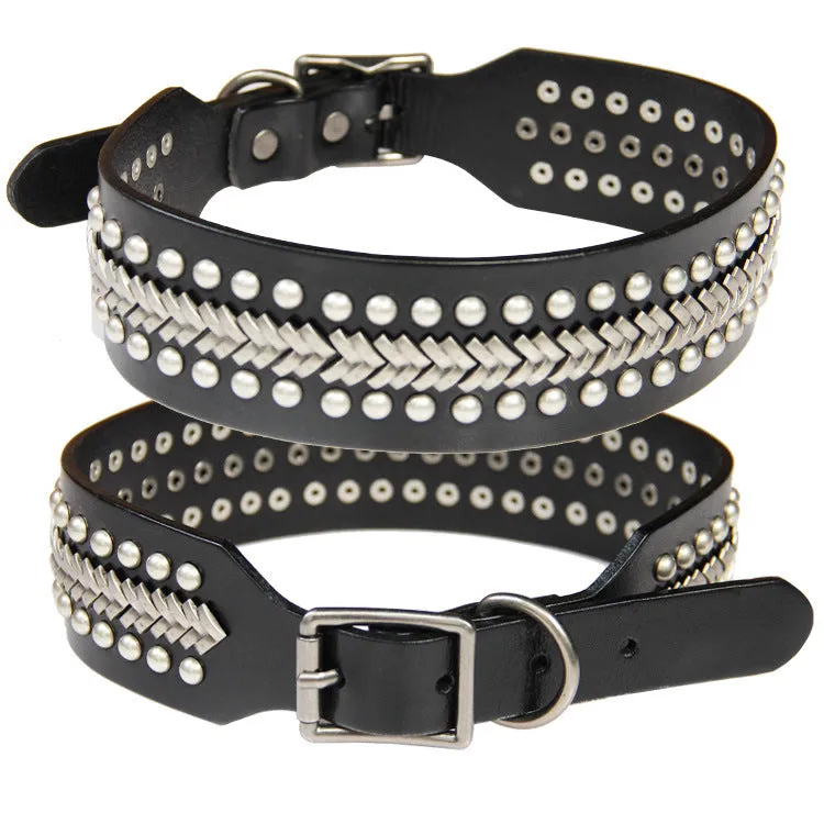 Leather dog collar with decorative personality rivets in dark red colour for large breed dogs