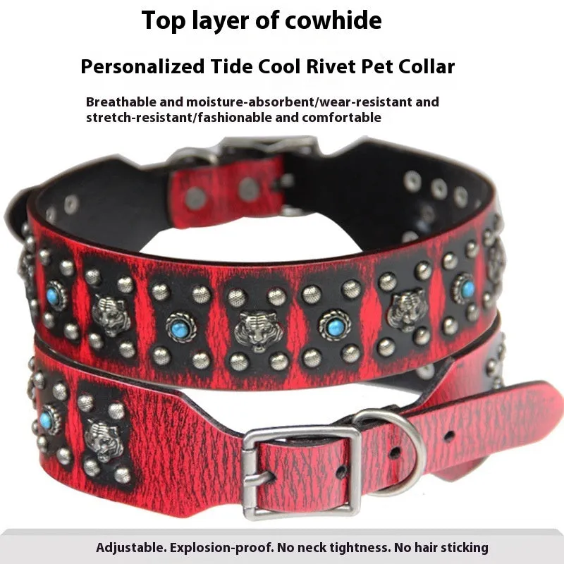 Leather dog collar with decorative personality rivets in dark red colour for large breed dogs