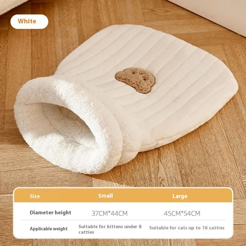 PP cotton fleece pet sleeping bag nest in light brown with bear pattern and 3D entrance