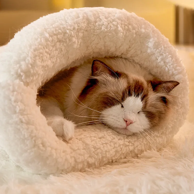 PP cotton fleece pet sleeping bag nest in light brown with bear pattern and 3D entrance