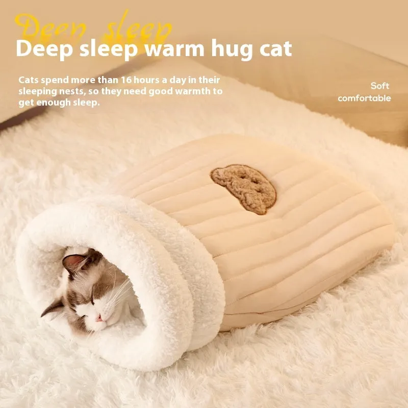 PP cotton fleece pet sleeping bag nest in light brown with bear pattern and 3D entrance