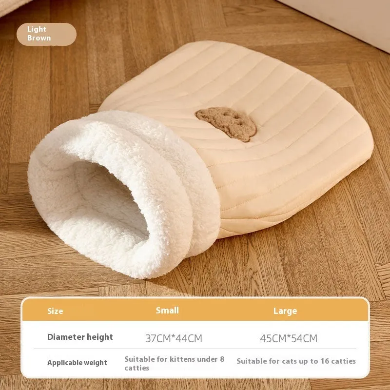 PP cotton fleece pet sleeping bag nest in light brown with bear pattern and 3D entrance