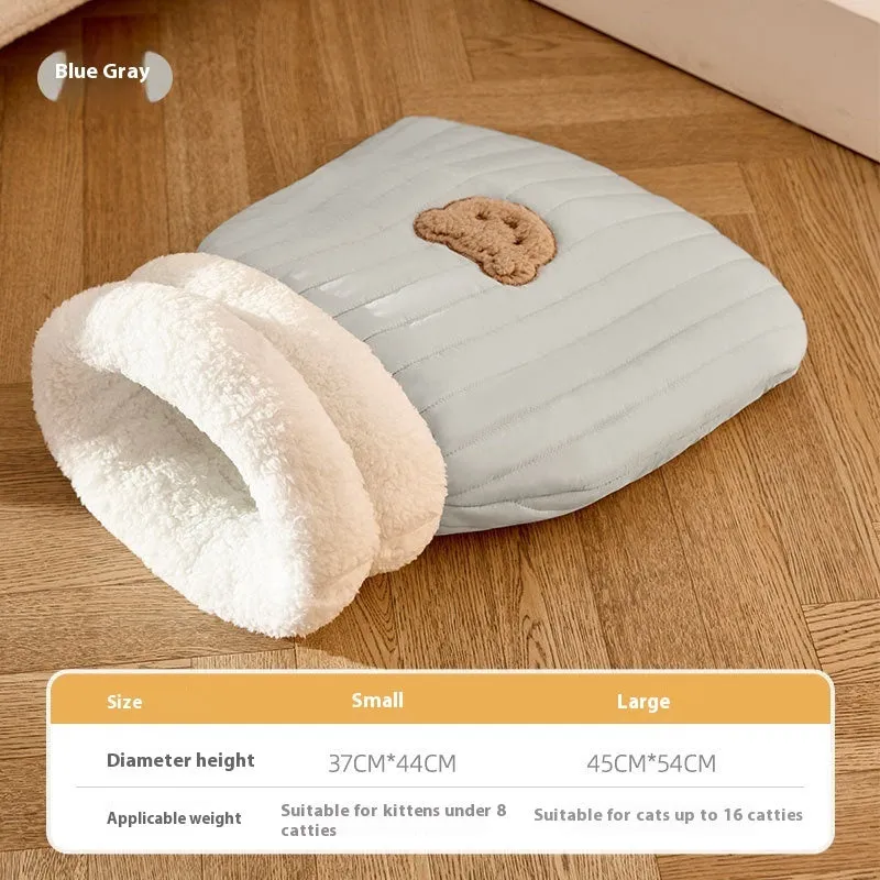 PP cotton fleece pet sleeping bag nest in light brown with bear pattern and 3D entrance