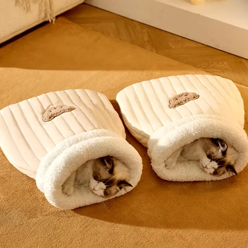 PP cotton fleece pet sleeping bag nest in light brown with bear pattern and 3D entrance