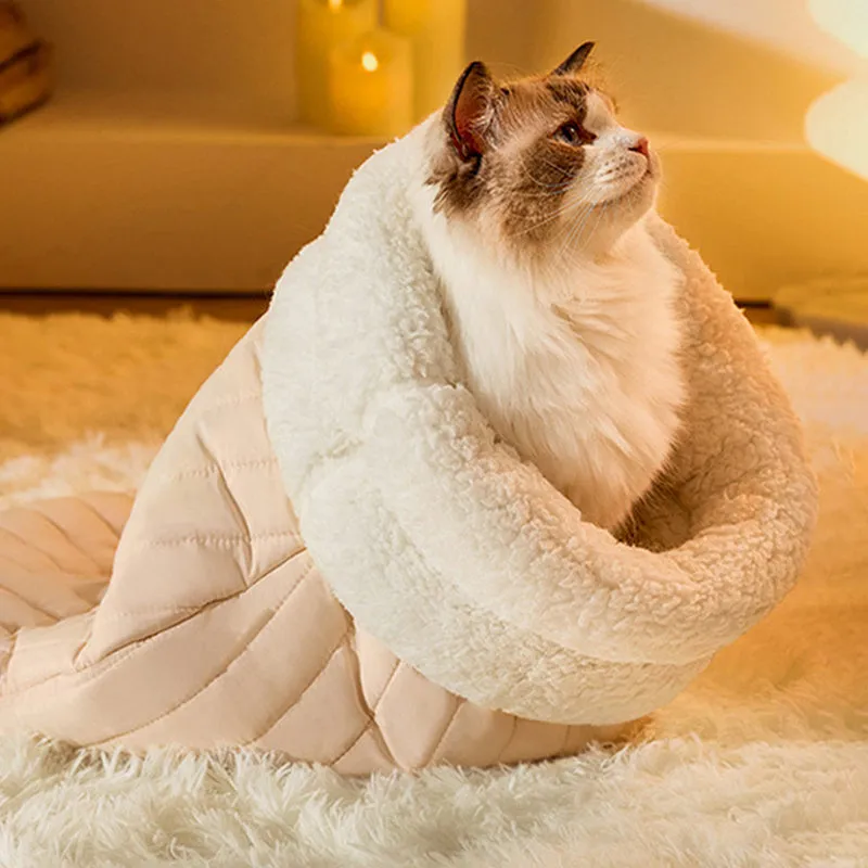 PP cotton fleece pet sleeping bag nest in light brown with bear pattern and 3D entrance
