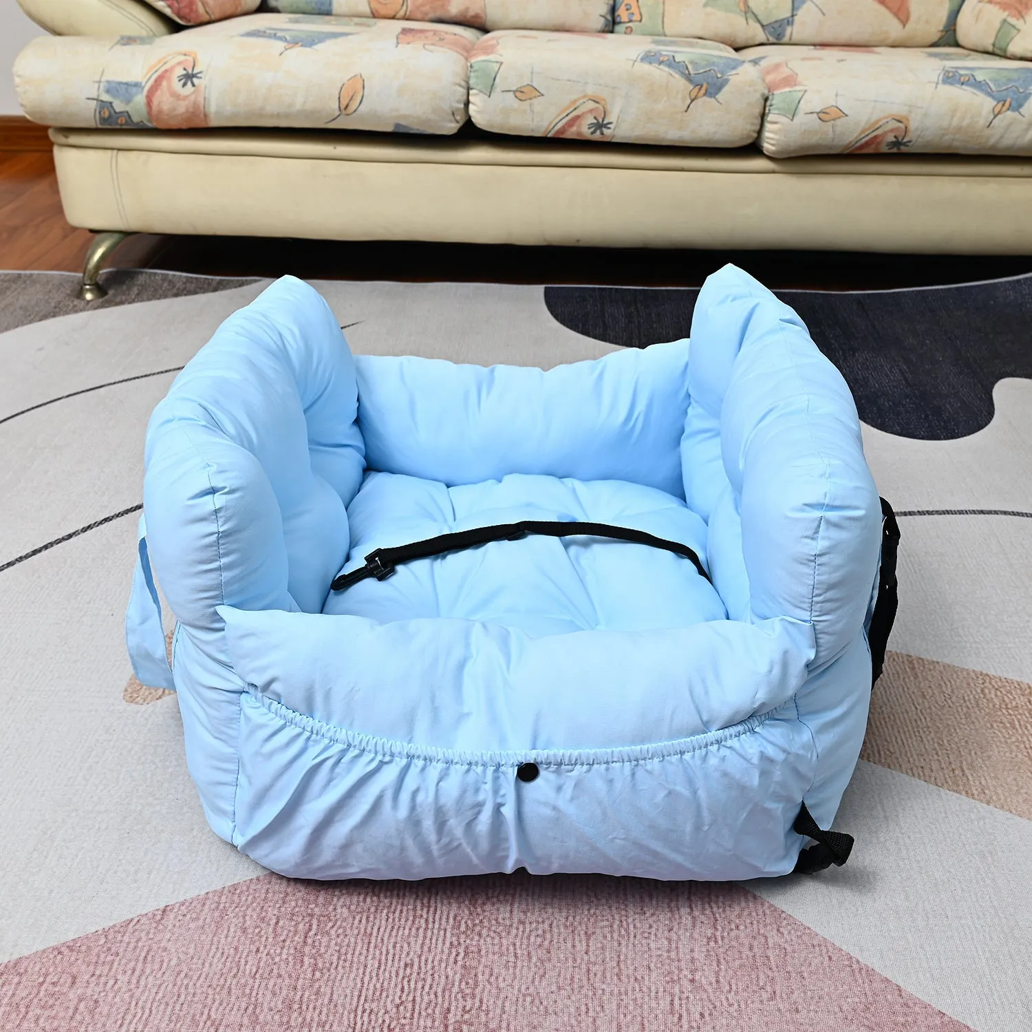 Portable cloth dog car kennel with net pockets shown in light blue, army green, striped, and dark blue colour options.