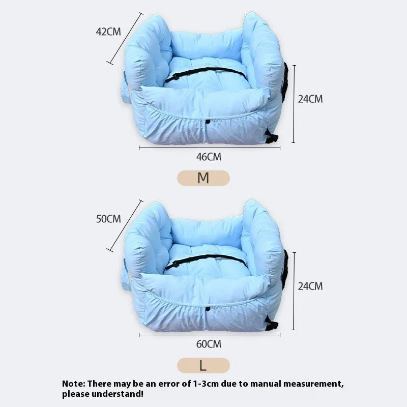 Portable cloth dog car kennel with net pockets shown in light blue, army green, striped, and dark blue colour options.