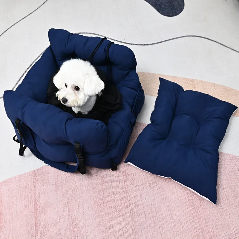 Portable cloth dog car kennel with net pockets shown in light blue, army green, striped, and dark blue colour options.