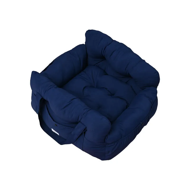 Portable cloth dog car kennel with net pockets shown in light blue, army green, striped, and dark blue colour options.