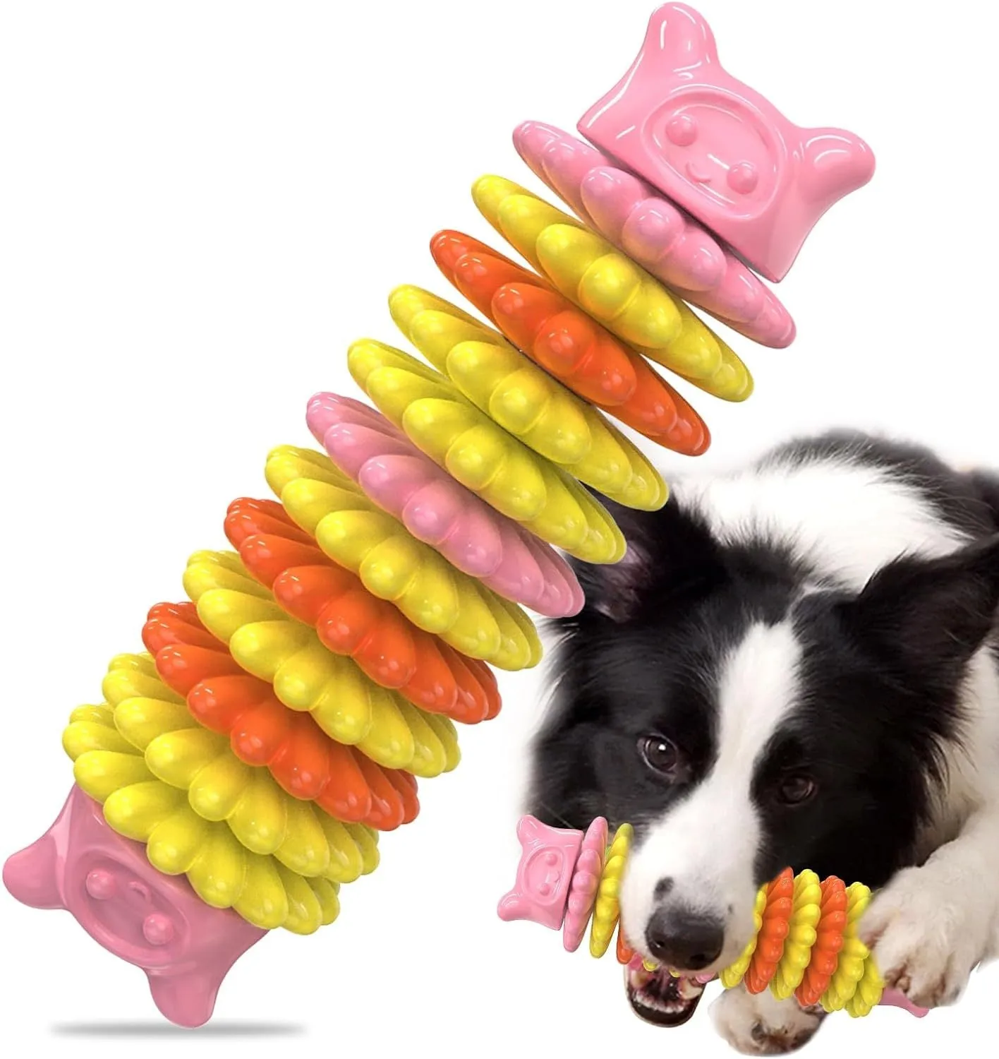 Blue natural rubber caterpillar-shaped dog chew toy for aggressive chewers on a white background.