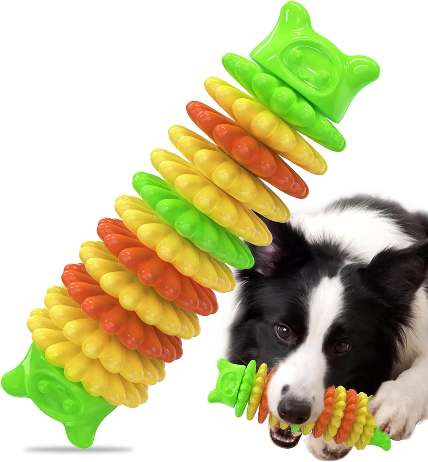 Blue natural rubber caterpillar-shaped dog chew toy for aggressive chewers on a white background.