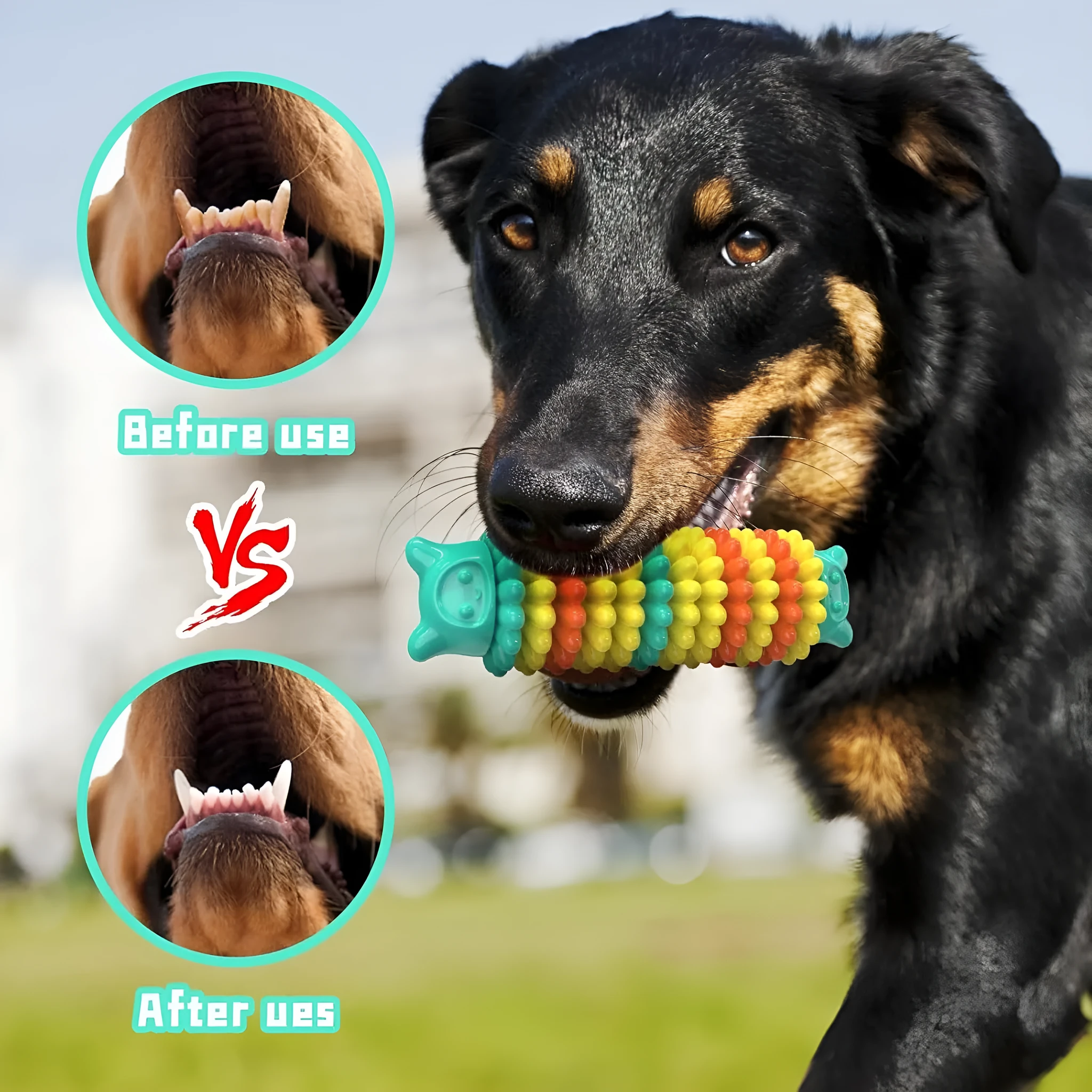 Blue natural rubber caterpillar-shaped dog chew toy for aggressive chewers on a white background.