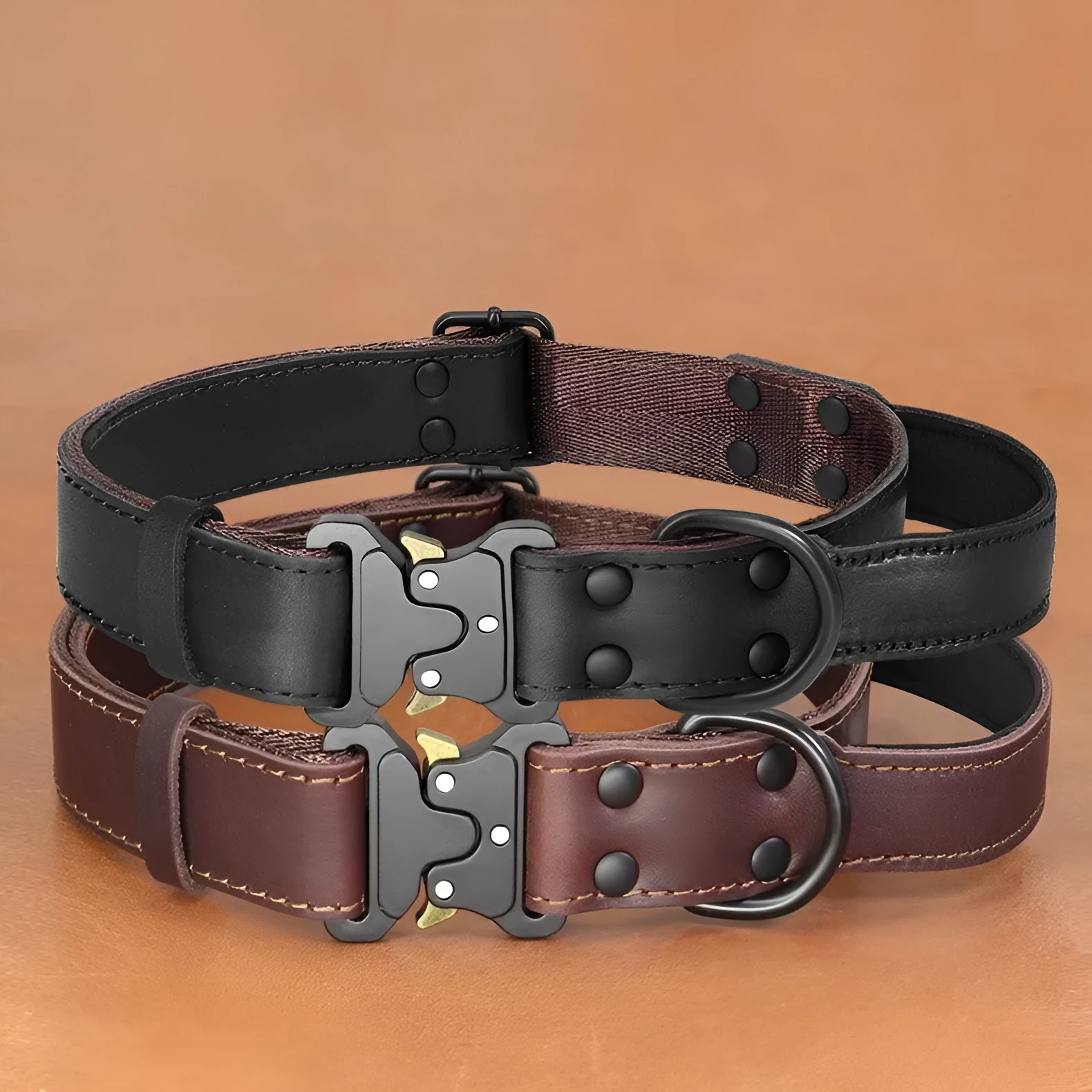 Black leather dog collar with explosion-proof lead for large breed dogs