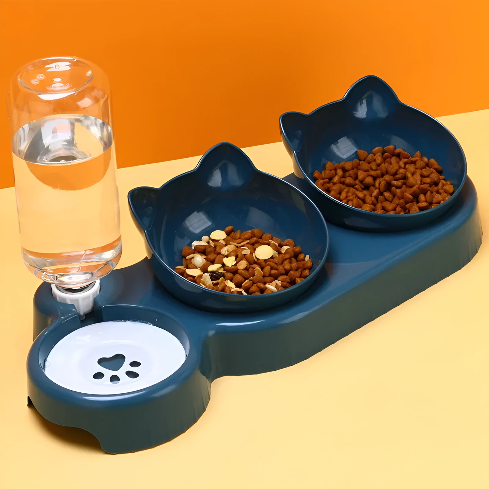 Dark blue plastic double bowl pet feeding set for dogs and cats on a plain background