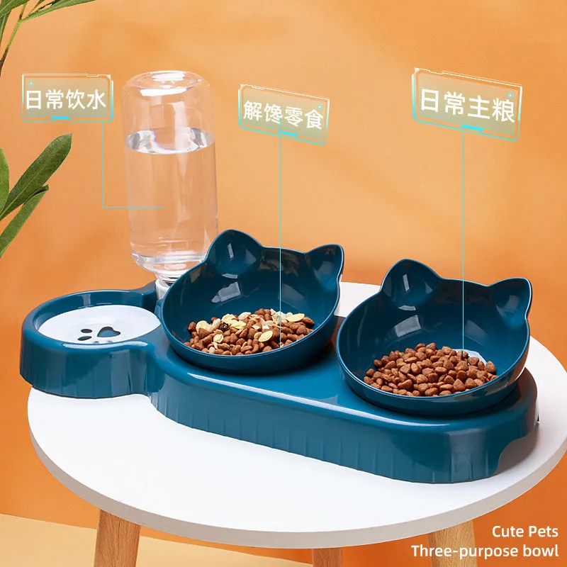 Dark blue plastic double bowl pet feeding set for dogs and cats on a plain background