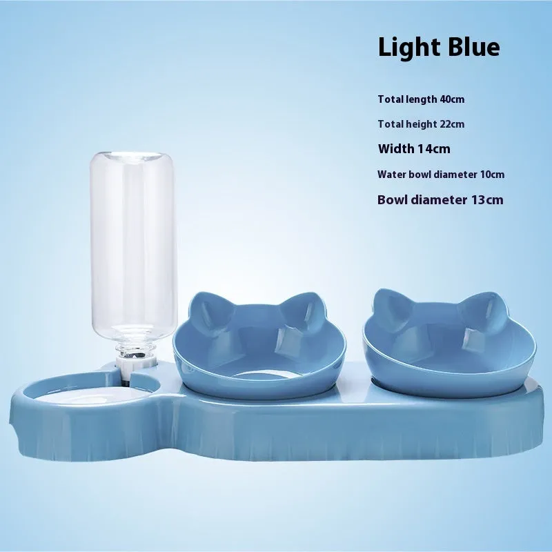 Dark blue plastic double bowl pet feeding set for dogs and cats on a plain background